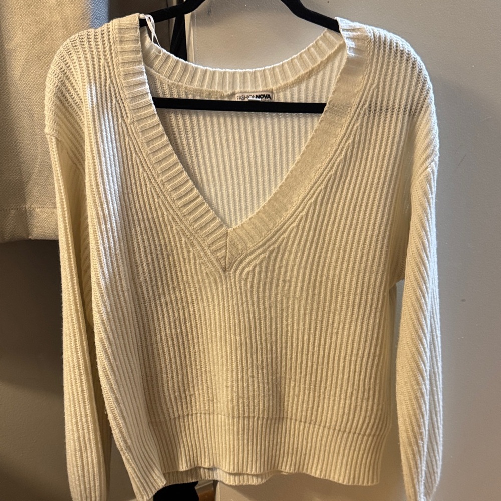 Fashion Nova Ivory V-Neck Sweater